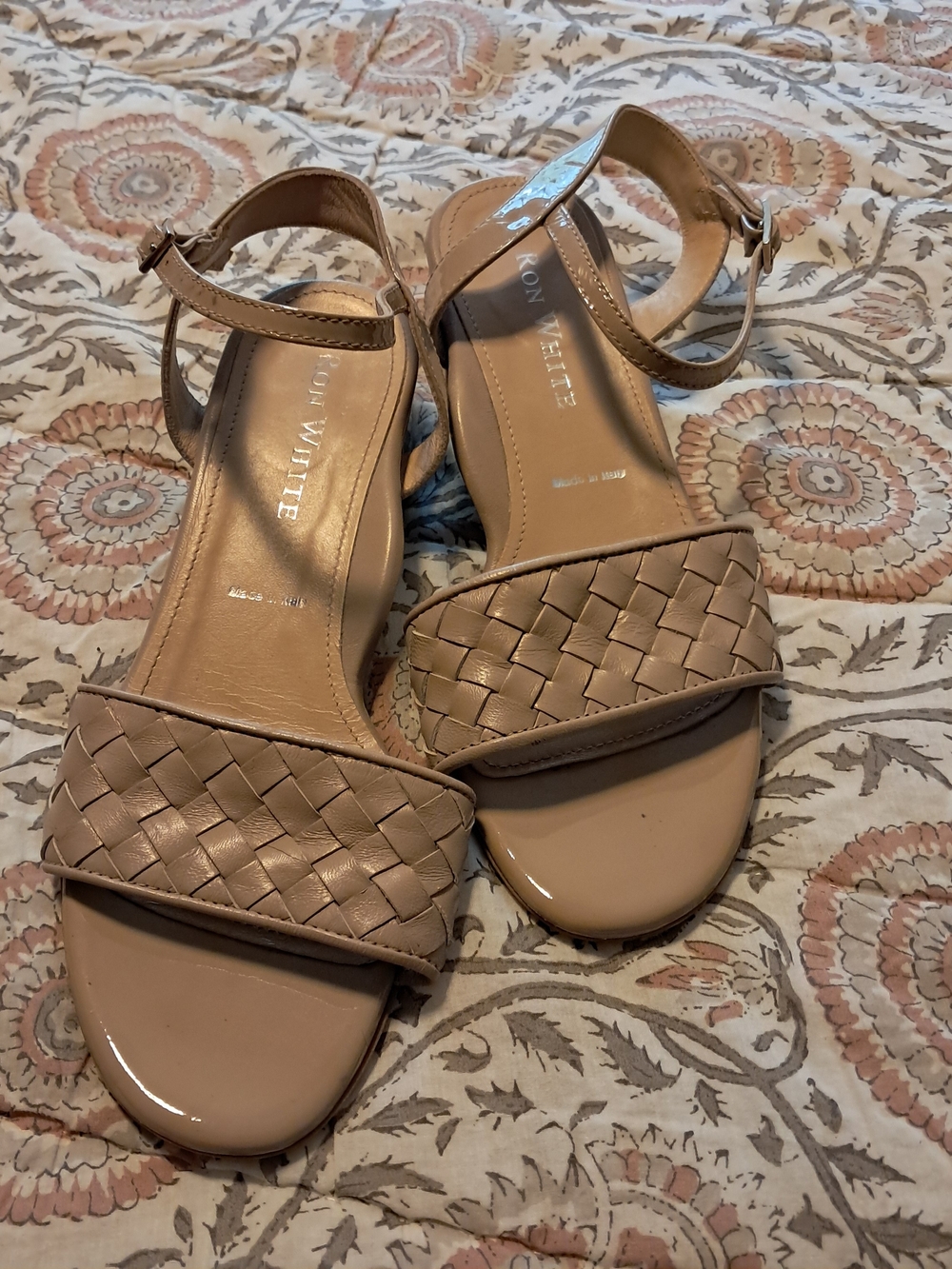 Natural Tone Woven Strap Sandals with Ankle Buckle